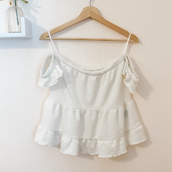 ✨ 3/$20 UO white polka dot off the shoulder babydoll top - Picture 1 of 4
